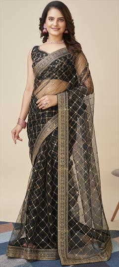 Festive, Reception Black and Grey color Saree in Net fabric with Classic Border, Sequence, Thread, Zari work : 1900043