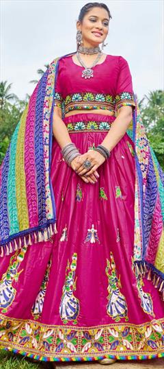 Festive, Navratri, Traditional Red and Maroon color Ready to Wear Lehenga in Cotton fabric with Flared Mirror, Resham, Thread work : 1900044
