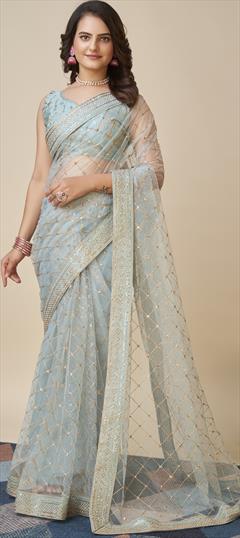 Festive, Reception Blue color Saree in Net fabric with Classic Border, Sequence, Thread, Zari work : 1900045