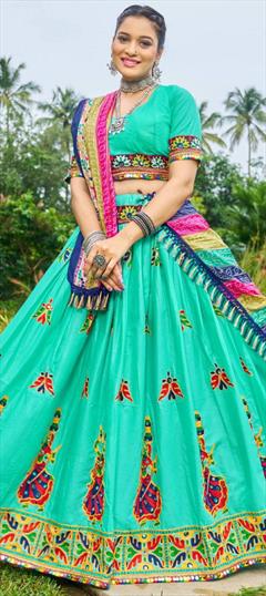 Festive, Navratri, Traditional Green color Ready to Wear Lehenga in Cotton fabric with Flared Mirror, Resham, Thread work : 1900046