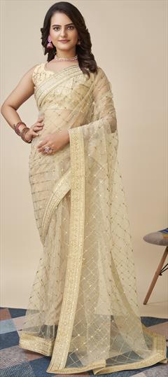 Festive, Reception Beige and Brown color Saree in Net fabric with Classic Border, Sequence, Thread, Zari work : 1900047
