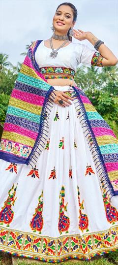 Festive, Navratri, Traditional White and Off White color Ready to Wear Lehenga in Cotton fabric with Flared Mirror, Resham, Thread work : 1900049