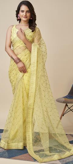 Festive, Reception Yellow color Saree in Net fabric with Classic Border, Sequence, Thread, Zari work : 1900050