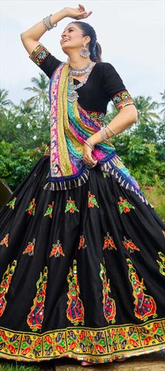 Festive, Navratri, Traditional Black and Grey color Ready to Wear Lehenga in Cotton fabric with Flared Mirror, Resham, Thread work : 1900055