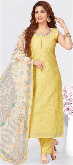 Festive, Reception Yellow color Salwar Kameez in Silk fabric with Straight Embroidered, Resham, Sequence, Thread work : 1900057