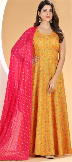 Festive, Mehendi Sangeet, Reception Yellow color Salwar Kameez in Silk fabric with Anarkali Embroidered, Resham, Sequence, Thread work : 1900102