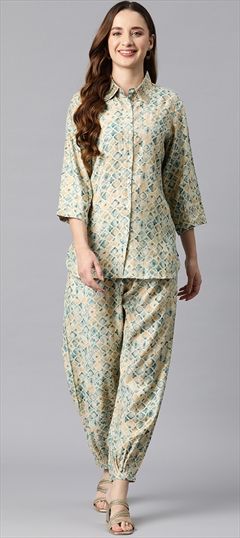Casual, Summer Beige and Brown, Blue color Co-ords Set in Cotton fabric with Bugle Beads, Cut Dana, Printed work : 1900109