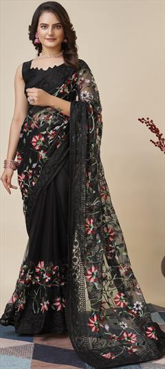 Festive, Party Wear, Reception Black and Grey color Saree in Net fabric with Classic Embroidered, Resham, Thread work : 1900142