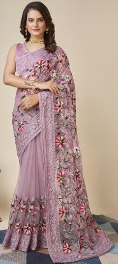 Festive, Party Wear, Reception Purple and Violet color Saree in Net fabric with Classic Embroidered, Resham, Thread work : 1900145