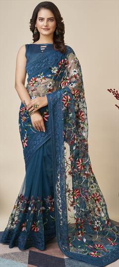 Festive, Party Wear, Reception Blue color Saree in Net fabric with Classic Embroidered, Resham, Thread work : 1900147