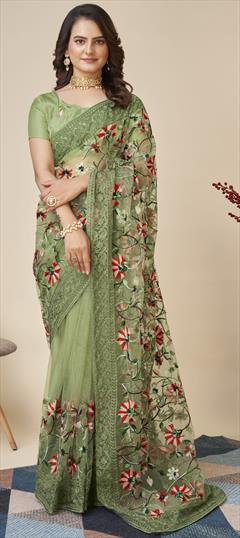 Festive, Party Wear, Reception Green color Saree in Net fabric with Classic Embroidered, Resham, Thread work : 1900148