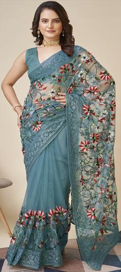 Festive, Party Wear, Reception Blue color Saree in Net fabric with Classic Embroidered, Resham, Thread work : 1900150