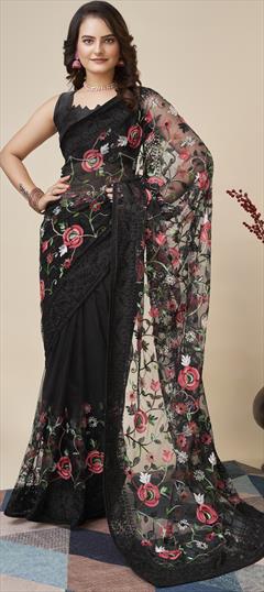 Festive, Party Wear, Reception Black and Grey color Saree in Net fabric with Classic Embroidered, Resham, Thread work : 1900156