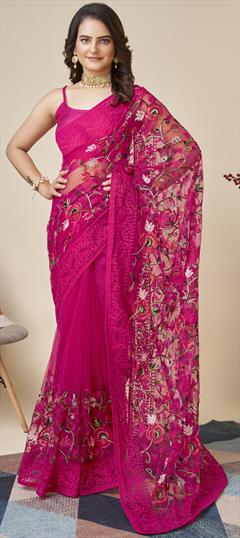 Festive, Party Wear, Reception Pink and Majenta color Saree in Net fabric with Classic Embroidered, Resham, Thread work : 1900157