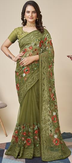 Festive, Party Wear, Reception Green color Saree in Net fabric with Classic Embroidered, Resham, Thread work : 1900158