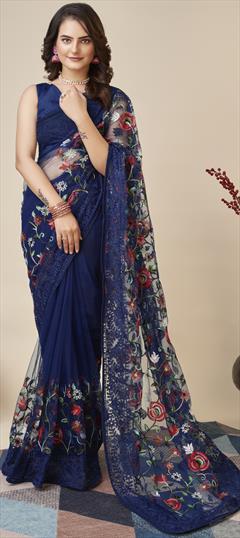 Festive, Party Wear, Reception Blue color Saree in Net fabric with Classic Embroidered, Resham, Thread work : 1900161