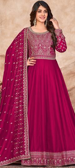 Festive, Mehendi Sangeet, Reception Pink and Majenta color Salwar Kameez in Art Silk fabric with Anarkali Embroidered, Sequence, Thread, Zari work : 1900165