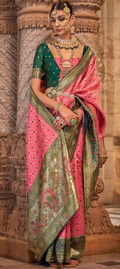 Festive, Traditional, Wedding Pink and Majenta color Saree in Banarasi Silk fabric with South Printed, Stone, Weaving work : 1900167