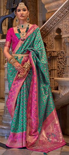 Festive, Traditional, Wedding Green color Saree in Banarasi Silk fabric with South Printed, Stone, Weaving work : 1900169