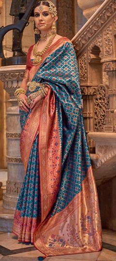 Festive, Traditional, Wedding Blue color Saree in Banarasi Silk fabric with South Printed, Stone, Weaving work : 1900170
