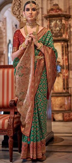 Festive, Traditional, Wedding Green color Saree in Banarasi Silk fabric with South Printed, Stone, Weaving work : 1900172
