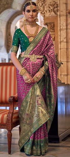 Festive, Traditional, Wedding Pink and Majenta color Saree in Banarasi Silk fabric with South Printed, Stone, Weaving work : 1900174