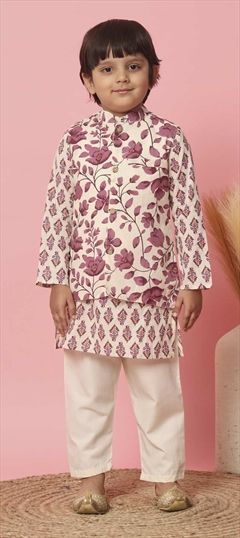 Festive, Party Wear, Summer Beige and Brown color Boys Kurta Pyjama in Cotton fabric with Floral, Printed work : 1900203