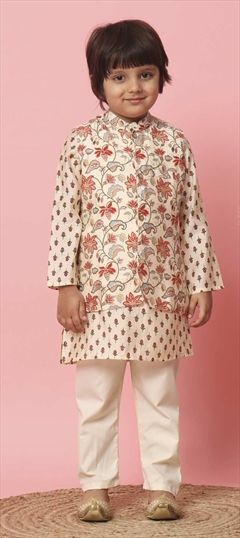 Festive, Party Wear, Summer Beige and Brown color Boys Kurta Pyjama in Cotton fabric with Floral, Printed work : 1900207