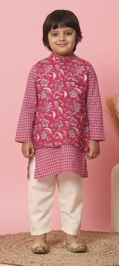 Festive, Party Wear, Summer Pink and Majenta, White and Off White color Boys Kurta Pyjama in Cotton fabric with Floral, Printed work : 1900210