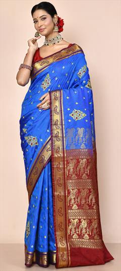 Bridal, Traditional, Wedding Blue color Saree in Kanjeevaram Silk fabric with South Embroidered, Stone, Thread, Weaving work : 1900227