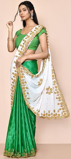 Bridal, Traditional, Wedding Green, White and Off White color Saree in Jacquard fabric with South Cut Dana, Stone work : 1900229