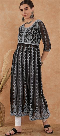 Casual Black and Grey color Kurti in Georgette fabric with Anarkali Embroidered, Resham, Thread work : 1900238