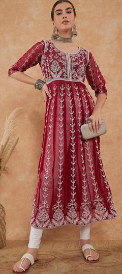 Casual Red and Maroon color Kurti in Georgette fabric with Anarkali Embroidered, Resham, Thread work : 1900240