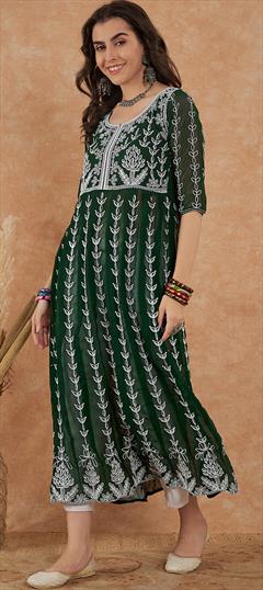 Casual Green color Kurti in Georgette fabric with Anarkali Embroidered, Resham, Thread work : 1900241