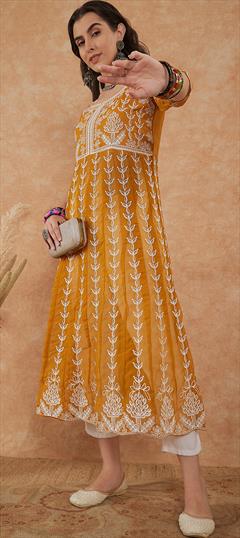 Casual Yellow color Kurti in Georgette fabric with Anarkali Embroidered, Resham, Thread work : 1900243