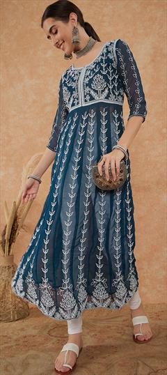 Casual Blue color Kurti in Georgette fabric with Anarkali Embroidered, Resham, Thread work : 1900249