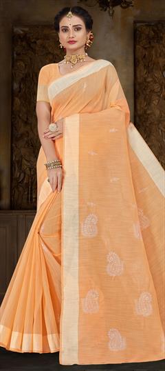 Casual, Traditional Orange color Saree in Cotton fabric with Bengali Embroidered, Resham, Thread work : 1900365