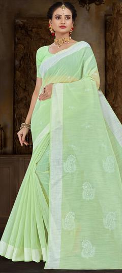Casual, Traditional Green color Saree in Cotton fabric with Bengali Embroidered, Resham, Thread work : 1900368