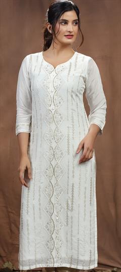 Party Wear White and Off White color Kurti in Art Silk fabric with Long Sleeve, Straight Embroidered, Resham, Sequence, Thread work : 1900369