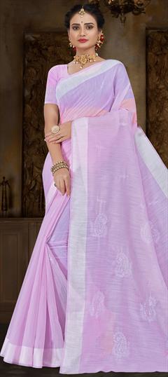 Casual, Traditional Purple and Violet color Saree in Cotton fabric with Bengali Embroidered, Resham, Thread work : 1900374