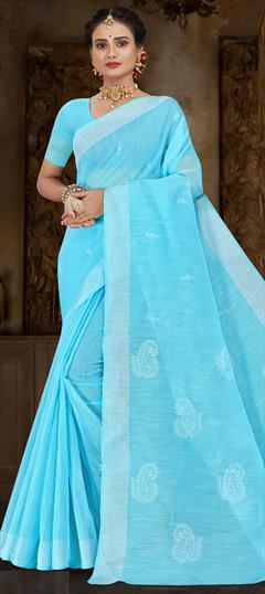 Casual, Traditional Blue color Saree in Cotton fabric with Bengali Embroidered, Resham, Thread work : 1900375