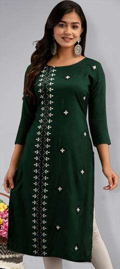 Casual, Party Wear Green color Kurti in Rayon fabric with Long Sleeve, Straight Embroidered work : 1900406