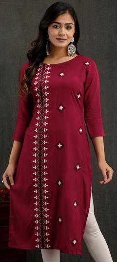 Casual, Party Wear Red and Maroon color Kurti in Rayon fabric with Long Sleeve, Straight Embroidered work : 1900409