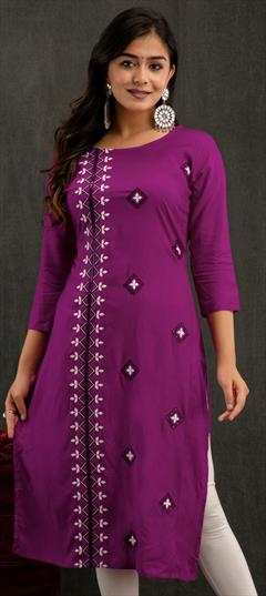 Casual, Party Wear Purple and Violet color Kurti in Rayon fabric with Long Sleeve, Straight Embroidered work : 1900411