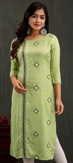 Casual, Party Wear Green color Kurti in Rayon fabric with Long Sleeve, Straight Embroidered work : 1900416