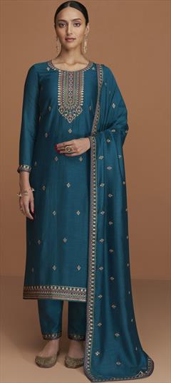 Party Wear, Reception Blue color Salwar Kameez in Art Silk fabric with Straight Embroidered, Resham, Sequence, Thread, Zari work : 1900438