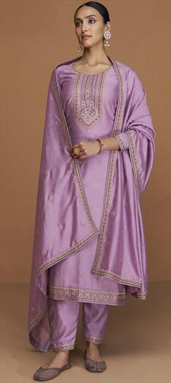 Party Wear, Reception Purple and Violet color Salwar Kameez in Art Silk fabric with Straight Embroidered, Resham, Sequence, Thread, Zari work : 1900439