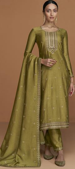 Party Wear, Reception Gold color Salwar Kameez in Art Silk fabric with Straight Embroidered, Resham, Sequence, Thread, Zari work : 1900440