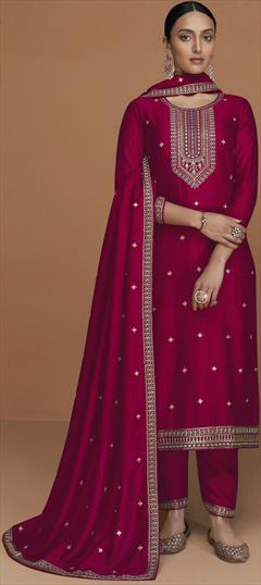 Party Wear, Reception Red and Maroon color Salwar Kameez in Art Silk fabric with Straight Embroidered, Printed, Sequence, Thread, Zari work : 1900443