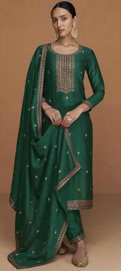 Party Wear, Reception Green color Salwar Kameez in Art Silk fabric with Straight Embroidered, Resham, Sequence, Thread, Zari work : 1900445